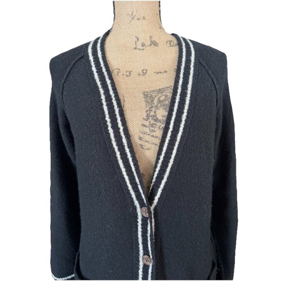 LUCKY BRAND Black Varsity-stripe Sweater Long Cardigan Coat Vneck Pockets SMALL - Picture 5 of 9